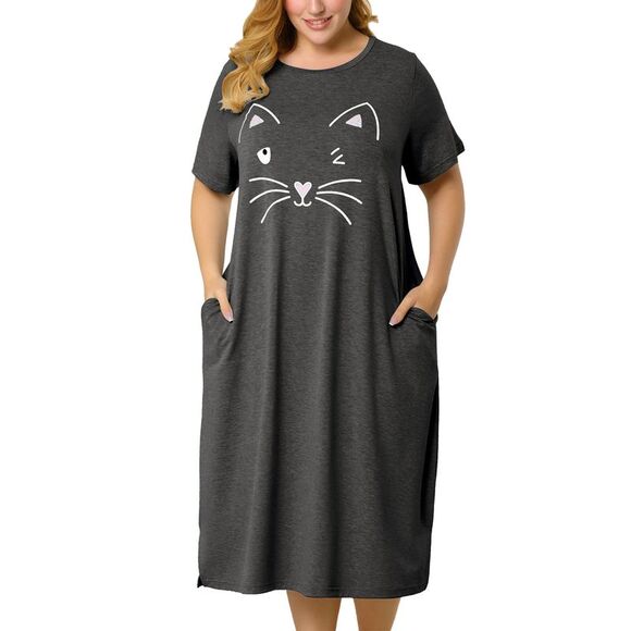 Women's Plus Size Nightgown Pajamas Pockets Cute Cat Sleepwear Dark Gray - Picture 1 of 6
